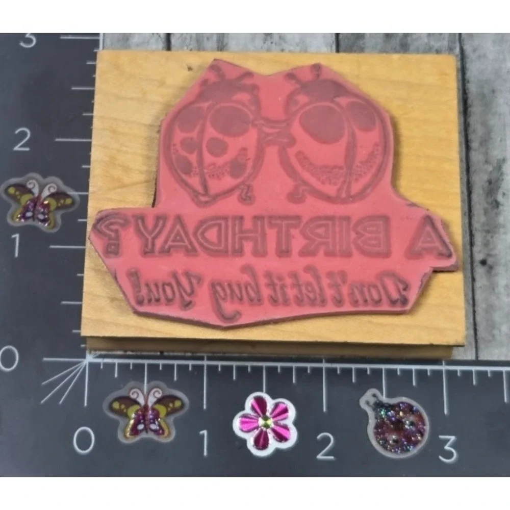 The Stamp Pad A Birthday? Don't Let It Bug You Ladybugs Rubber Stamp Wood #i25